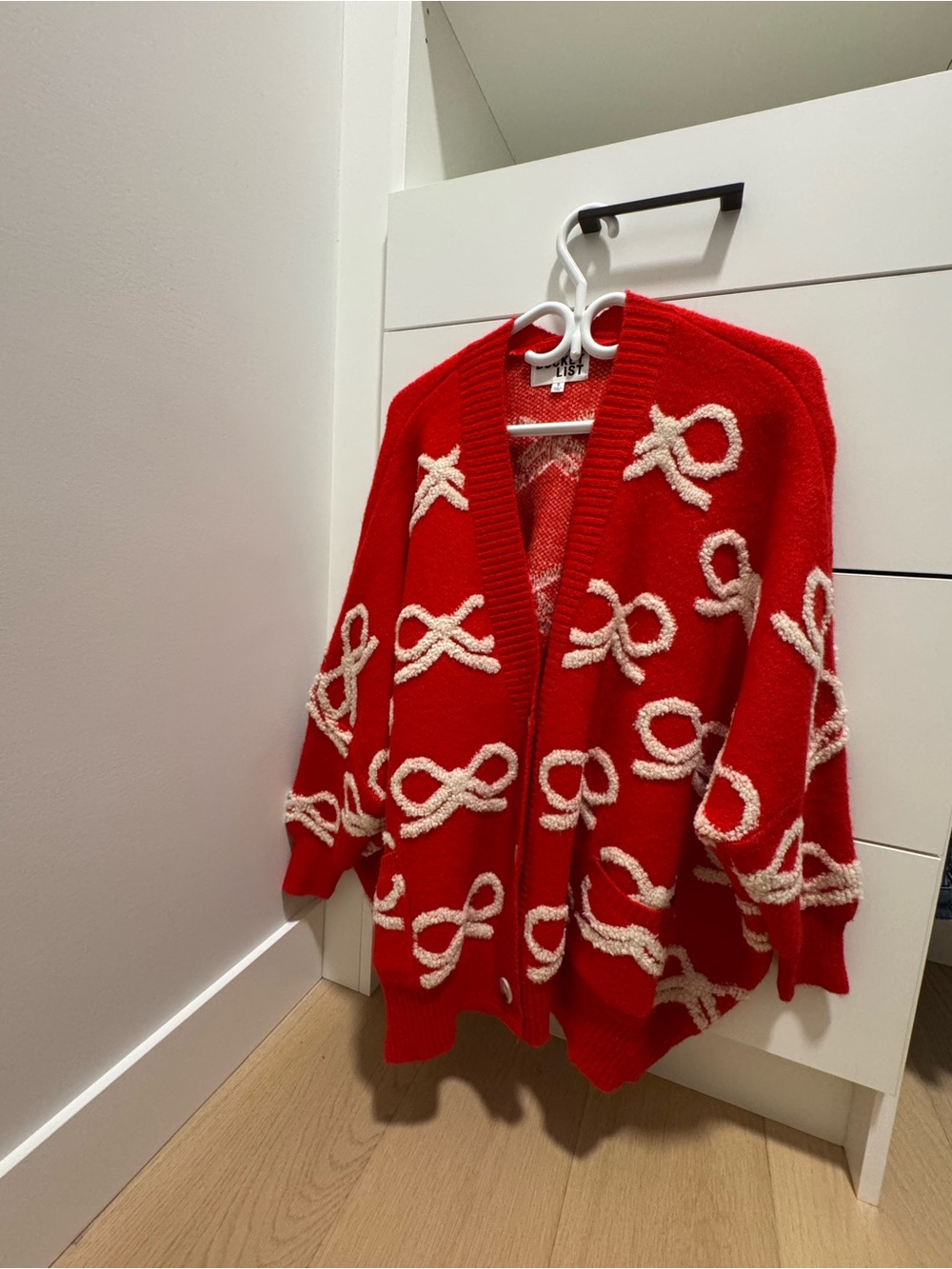 BUCKETLIST Red Cardigan with Cream Bow Chunky Sweater